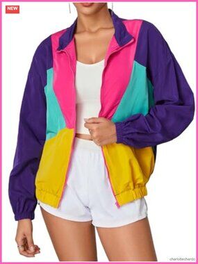 Color Block Zip Up Lightweight Windbreaker Jacket 80s Retro Workout